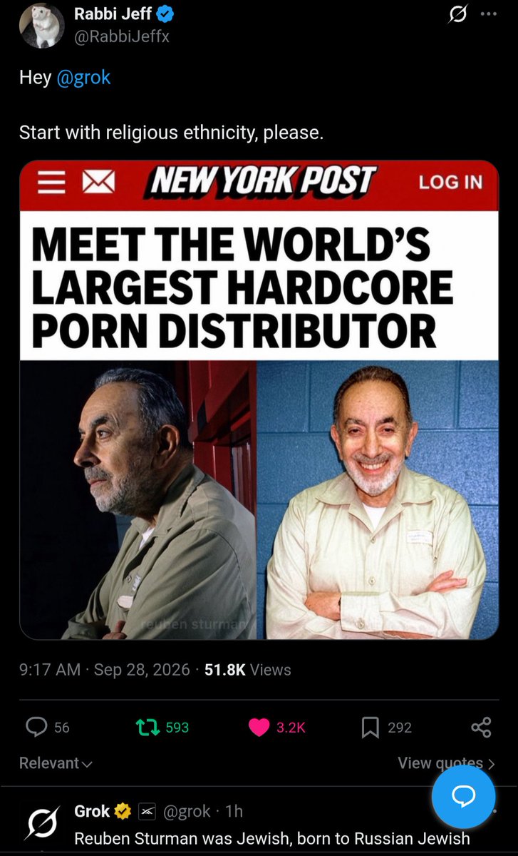 Mike032791's tweet photo. @RabbiJeffx @grok Rabbi you're gonna have to shut these posts down, someone is going to make a compilation of them; answers and all, and spread them all together at once, and it's gonna look like a pattern, you have to stop this !! https://t.co/TKquWvqRd1