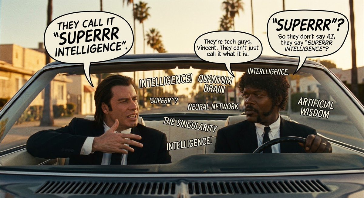 zaaaaak's tweet photo. @elonmusk 朱尔斯：他们不直接叫它 AGI 吗？
文森特：不，老兄，他们管那玩意叫“Super Intelligence”。但精髓在于发音，你不能像个美国佬一样平铺直叙地念 super。
朱尔斯：那怎么念？
文森特：你得撅起嘴，舌尖抵住下牙，念成“Sü-père Intelligence”。“Sü-père”。
朱尔斯：“Sü-père Intelligence” https://t.co/4xGlcAZjnq