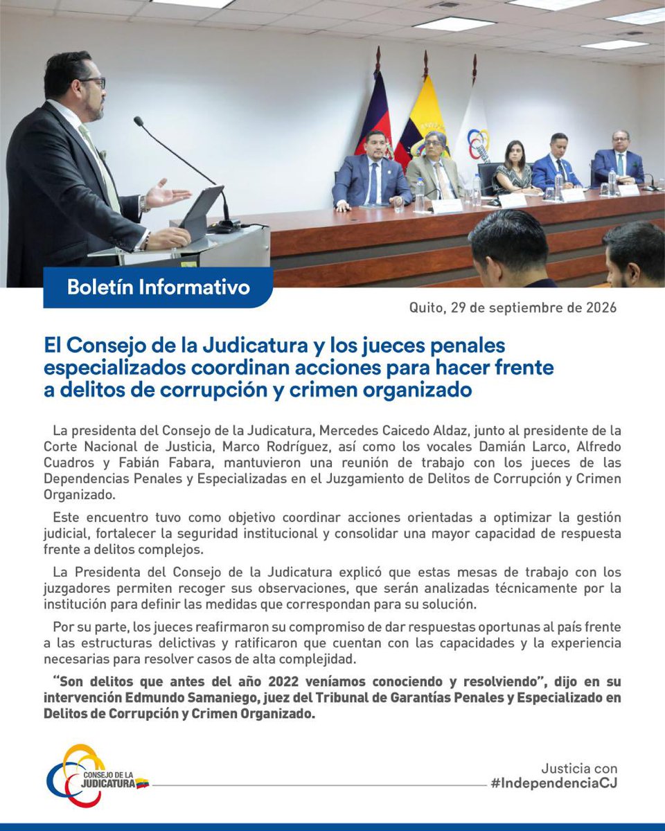 CJudicaturaEc's tweet photo. 📰 | #BoletínCJ

El Consejo de la Judicatura y los jueces penales especializados coordinan acciones para hacer frente a delitos de corrupción y crimen organizado.

🔗 Conoce más: https://t.co/JxiY8jzpMS

#JusticiaConIndependenciaCJ ⚖️ https://t.co/lqEEqY9MvG