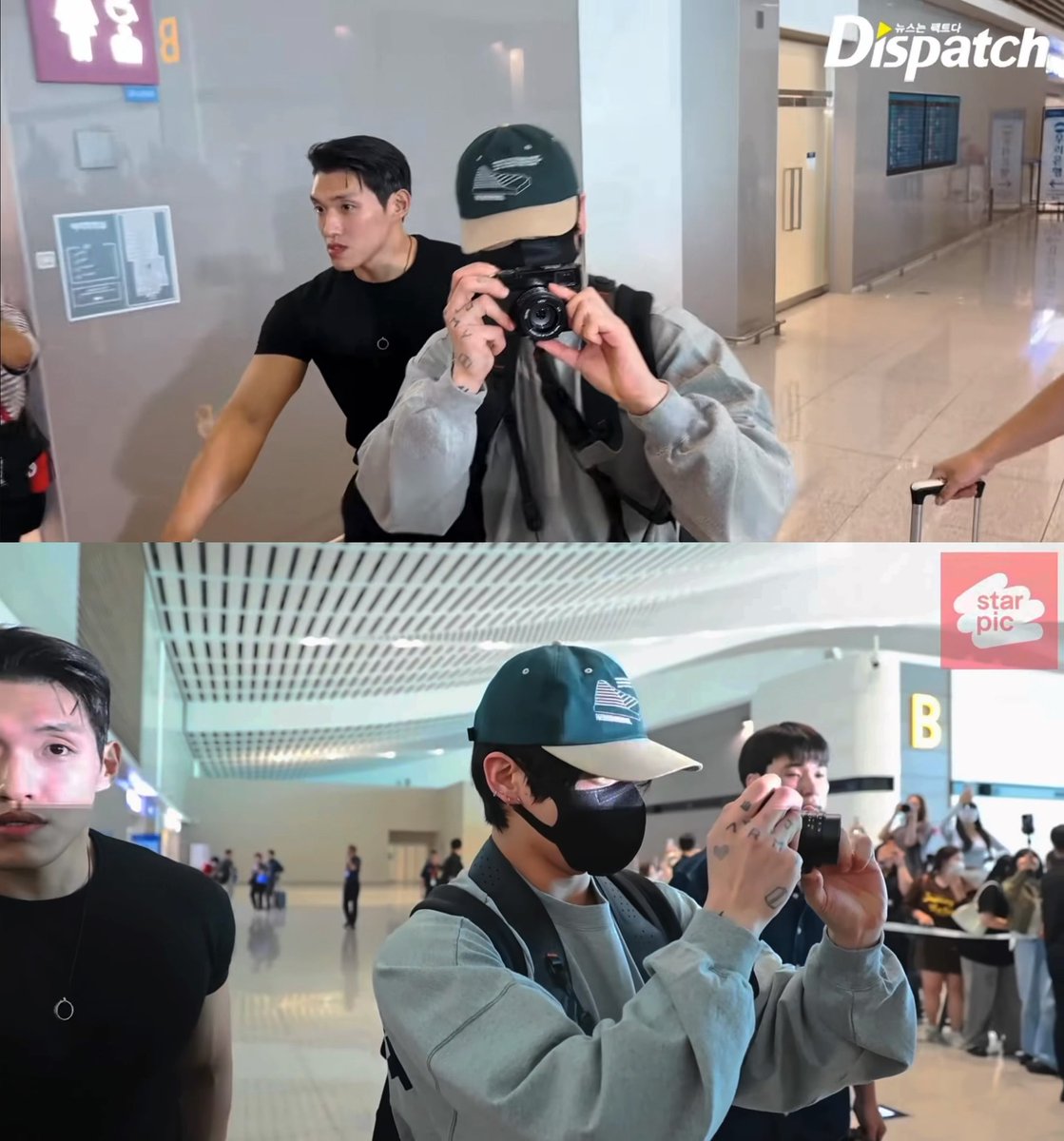 Two photos showing a person in a black shirt and another wearing a cap and mask taking photos with a camera in what appears to be an airport, branded with 'Dispatch' and 'star pic' watermarks.