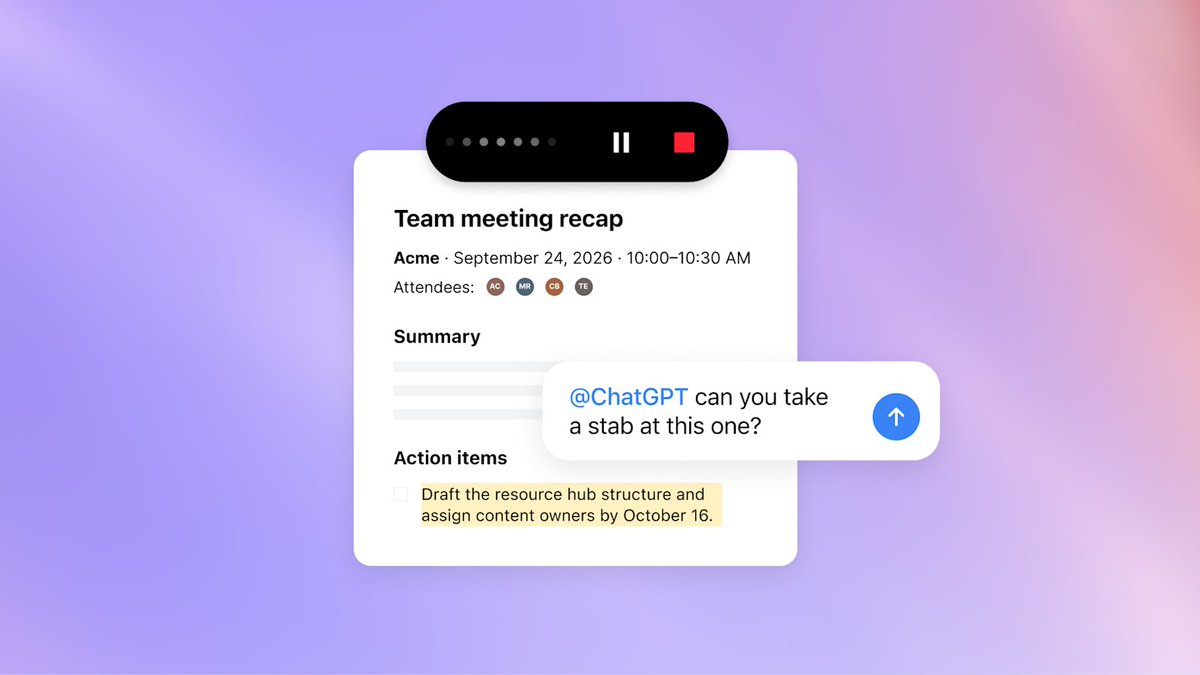 Guelug's tweet photo. DevDay keepers: ChatGPT showing up where work already happens.

• @ChatGPT in Slack and Microsoft Teams — mention it in a channel/thread/DM; teammates can refine without each needing a license (Business/Enterprise).
• Meetings plugin — notes + personalized summaries/action items into Space; audio deleted when notes are ready (macOS desktop beta for Pro/Business; Enterprise soon).

Less “open another tab,” more “AI in the thread.”

#ChatGPT #DevDay2026 #Productivity