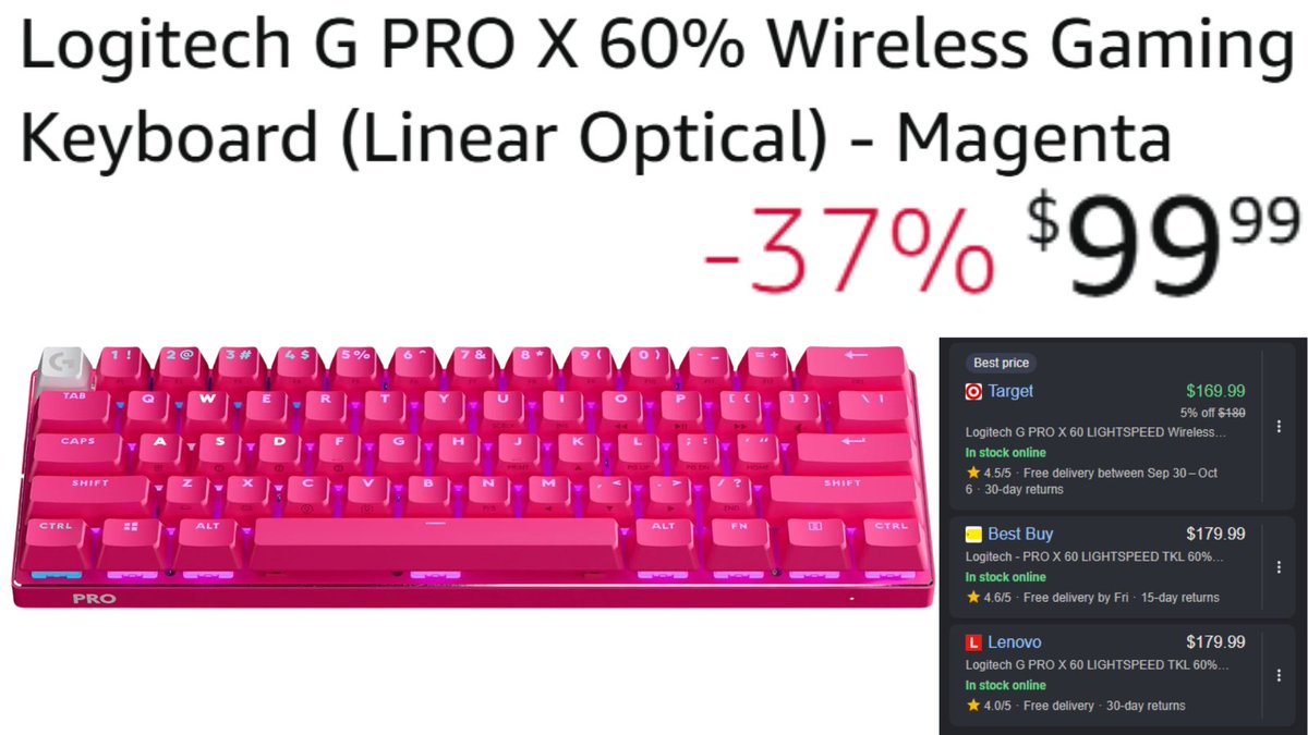 RipAllYoIsh's tweet photo. WHO THE HELL DROPPED THIS TO $99.99?!

Logitech G PRO X 60 Wireless Gaming Keyboard in MAGENTA.

$159.99 down to $99.99. That's $60 you can spend on more shit you don't need. 💀

https://t.co/fyiT8Gkl0u

#GamingDeals #Logitech #ad https://t.co/huX76UVI1o