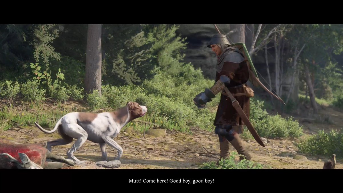 A screenshot from a video game showing an archer in medieval clothing calling out to a dog in a forest setting, with the subtitle reading 'Mutt! Come here! Good boy, good boy!'