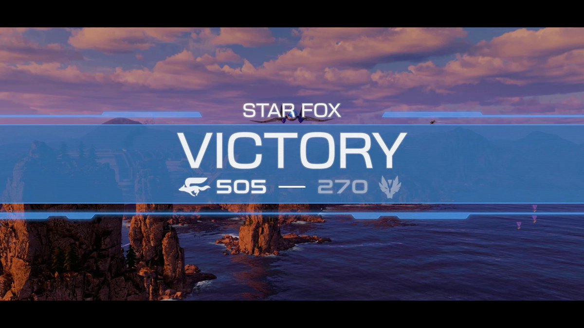 A video game victory screen from Star Fox showing 'STAR FOX VICTORY' with a score of 505 to 270, set against a coastal landscape at sunset.