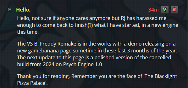 VsBFreddy's tweet photo. For those unaware; VS B. Freddy was a mod cancelled in 2024 made in Psych Engine. It has been brought back by the same people in a newer engine (in V-Slice or something original)
Full statement on the gamebanana page and the page itself: https://t.co/UIC5fe38Nc https://t.co/8VgF4UiKdn