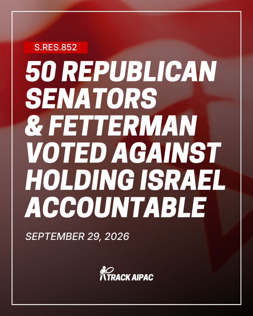 TrackAIPAC's tweet photo. 50 Republican senators and John Fetterman voted against requiring a report on American citizens killed by Israeli forces and settlers.

Who are they representing? https://t.co/DIlJYwMlHp