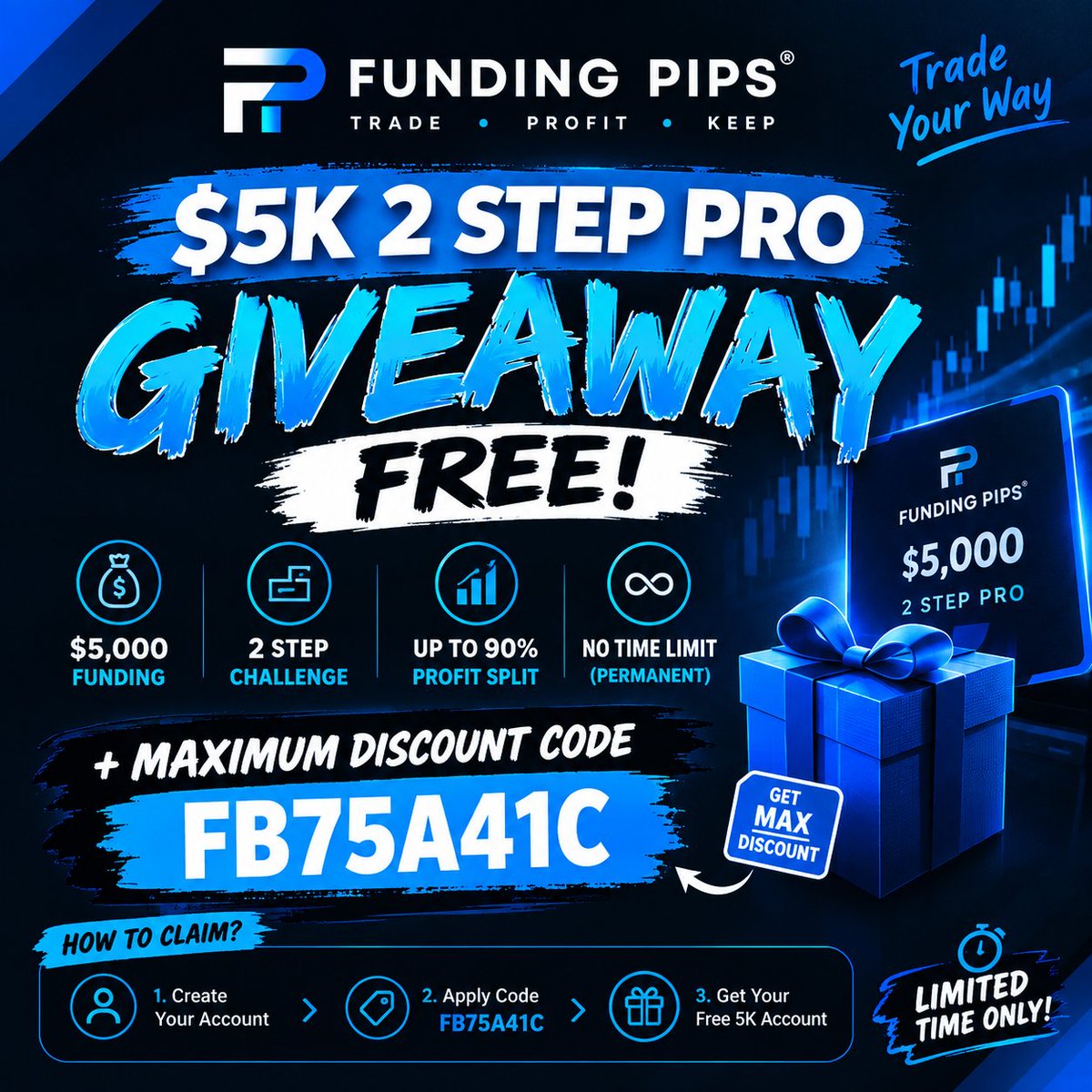 FxChoudhary's tweet photo. 🔥 $5K 2 STEP PRO — 500 ACCOUNTS GIVEAWAY! 🎁

We’re giving away 500 FREE $5,000 Funding Pips 2 Step Pro accounts! 🚀

✅ Like & repost comment JOIN 👇
✅ Follow @FxChoudhary
@fundingpips 
✅ Join https://t.co/2uZPyk7cJh

👉 Create your account
https://t.co/krMQywIqMP

👉 Join the 500 Account Giveaway
👍 Use maximum discount code FB75A41C