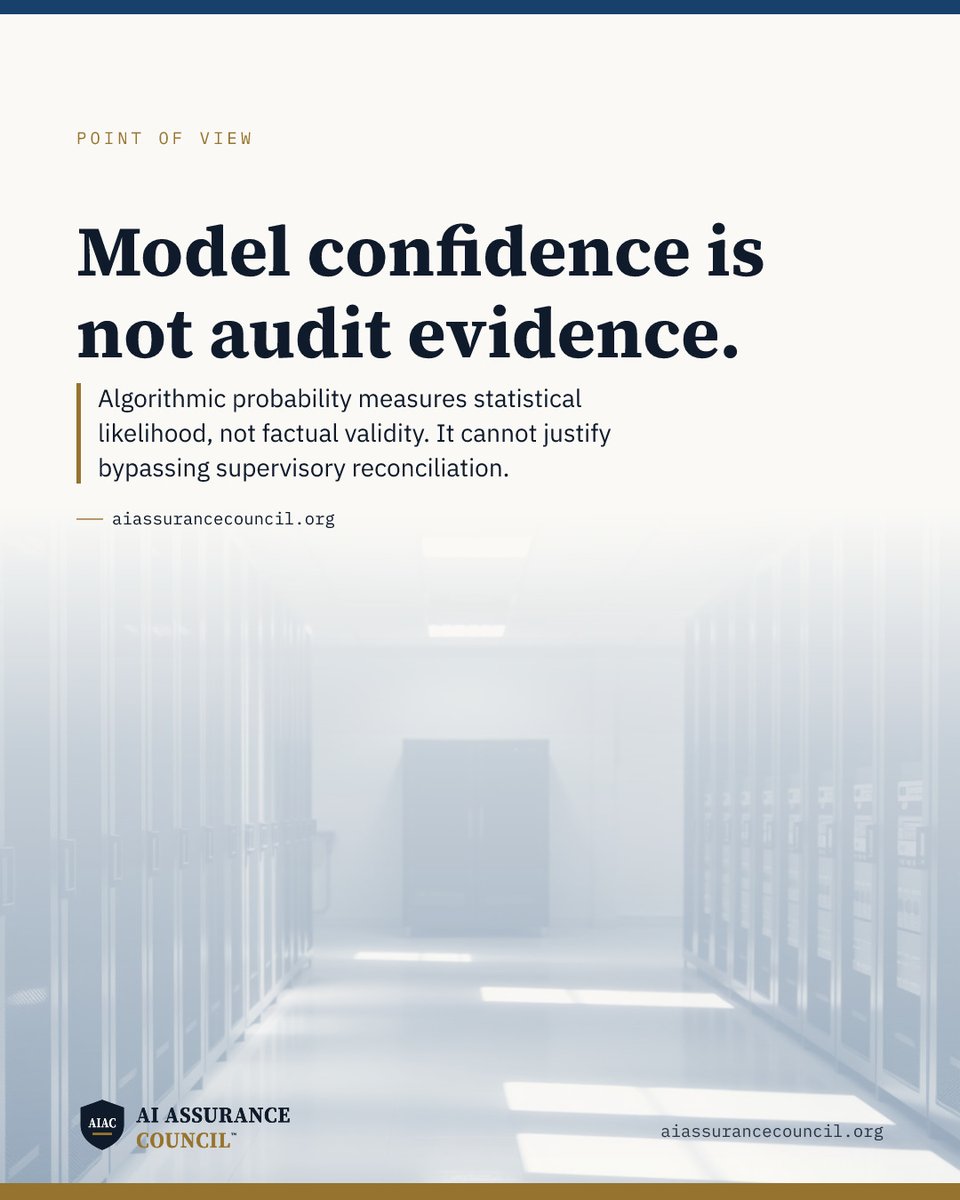 TheAIACouncil's tweet photo. Model confidence is not audit evidence. High probability cannot replace reconciliation under COSO (2013). Certified AI in Finance &amp; Accounting — Fundamentals (AIAC-FNAF) examines this judgement. First exams Oct 2026. Enrol at https://t.co/5oY2cXMPnq #AIinFinance https://t.co/somzS2qvZS