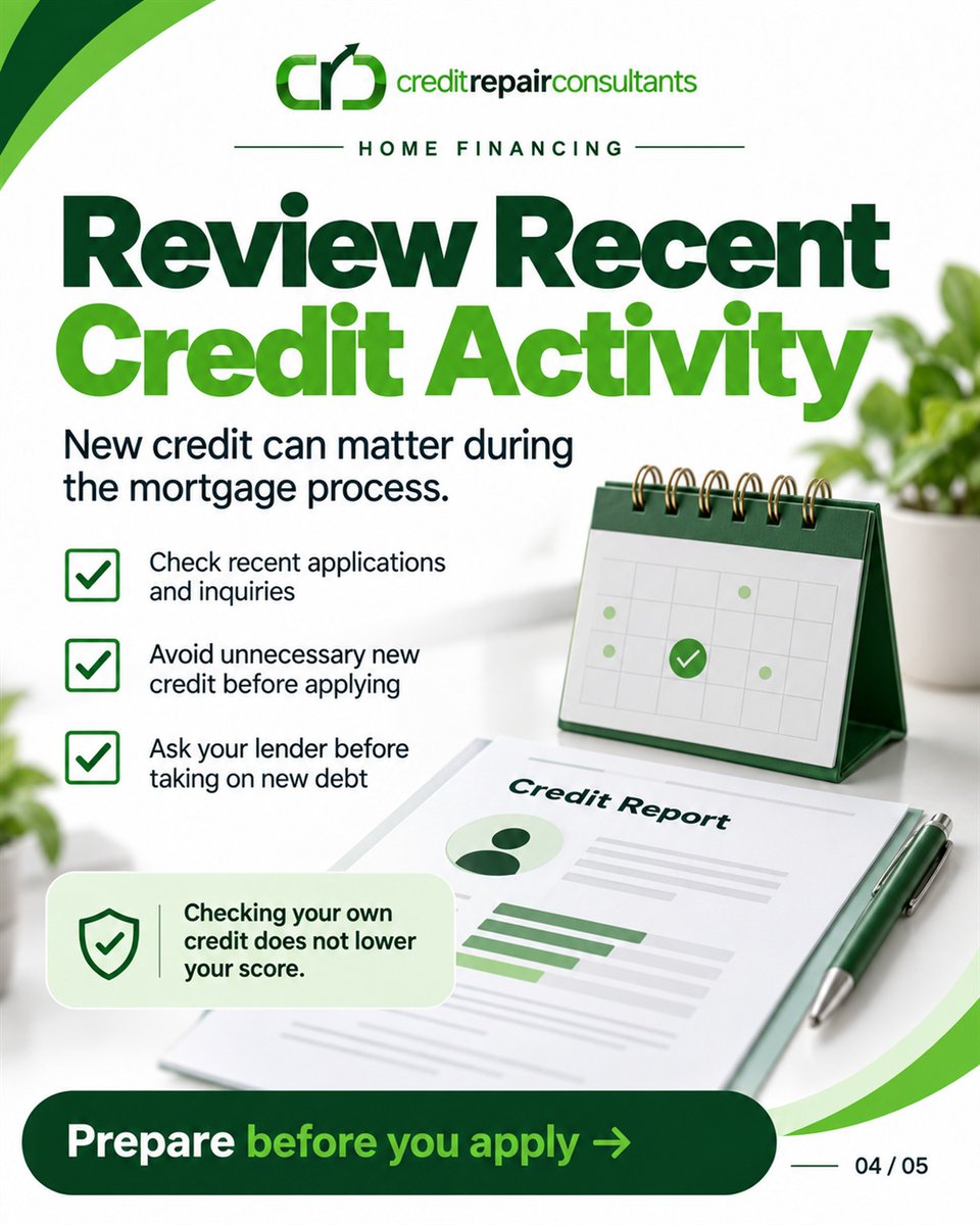 CreditRepairCns's tweet photo. 4/5: Review recent credit activity.

Check applications and inquiries. Avoid unnecessary new credit before applying, and ask your lender before taking on new debt.

Checking your own credit does not lower your score. https://t.co/li0qAUqPn9