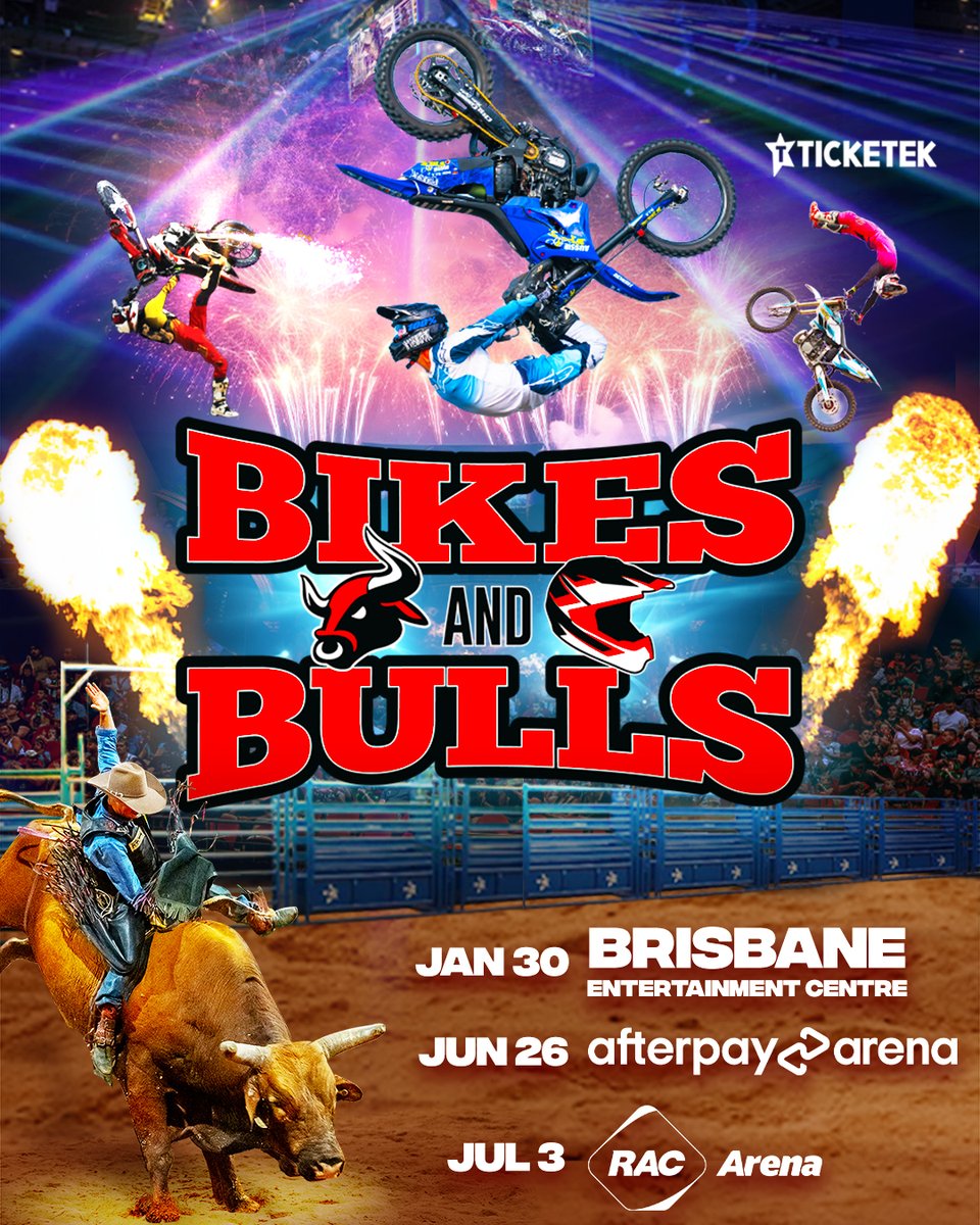Ticketek_AU's tweet photo. Bikes & Bulls are back! 🤠🔥

Get ready for an ultimate extreme sports show where high-flying Freestyle Motocross meets heart-pounding rodeo action!

Bring the family, grab your mates, or make it a night to remember. The adrenaline starts here! 

🎟️ Tickets on sale 15 Oct, 1pm local! https://t.co/ztctHaUtKZ