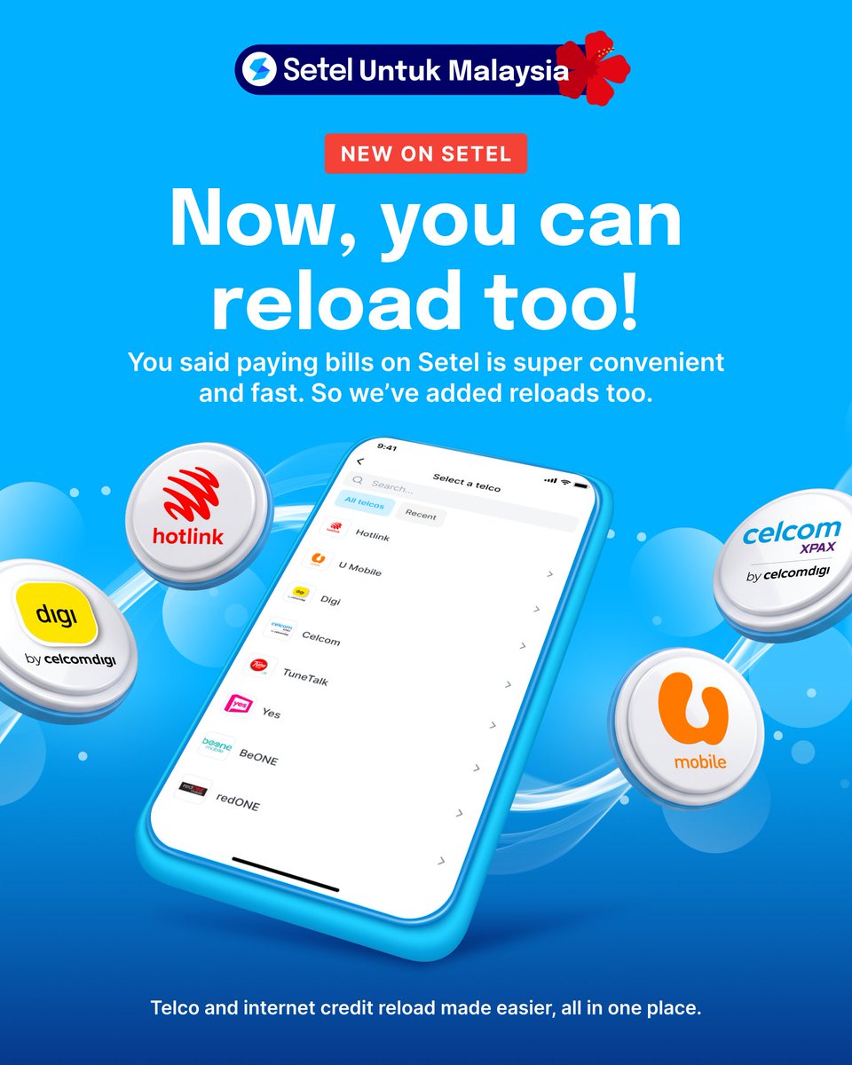 setel's tweet photo. We heard you! Paying bills on Setel already makes life a little easier, so why stop there?👀

Now, you can reload your prepaid mobile and buy internet passes on Setel too! 🙌

Just open the app, choose your telco, pick your reload amount or internet pass, make payment and you’re good to go.

Plus, you’ll earn Mesra Rewards points with every eligible reload, which you can redeem for Setel Credit to use on your next Setel transaction. ✨

Another everyday essential, made easier. All in one place.

Setel je!

#SetelUntukMalaysia
