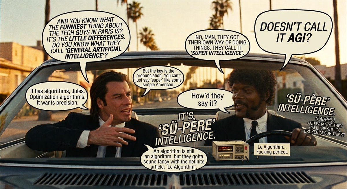 zaaaaak's tweet photo. @elonmusk 朱尔斯：“Sü-père Intelligence”。（大笑）那他们管写得稀烂的破算法叫什么？
​文森特：算法还是算法，但他们得端着架子加个冠词，叫“Le Algorithm”。
​朱尔斯：Le Algorithm……真他妈绝了。 https://t.co/2vQk3Kdy57
