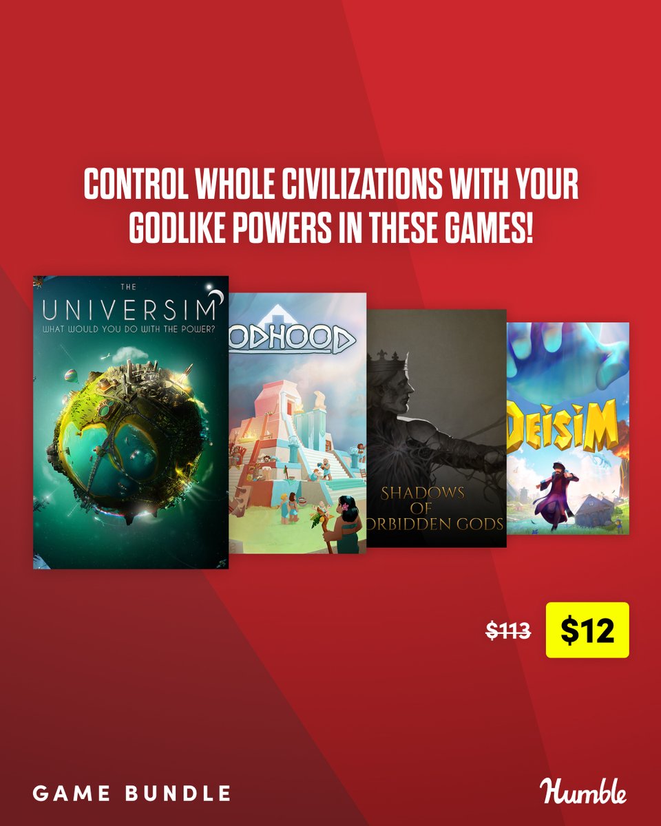 humble's tweet photo. Take control and guide civilizations through the ages with The Almighty God Games Bundle and titles like:

- The Universim
- Godhood
- Shadows of Forbidden Gods
- and more! Supports @StackUpDotOrg | https://t.co/NmQuEMpmzM https://t.co/6DcQJ8V8MV