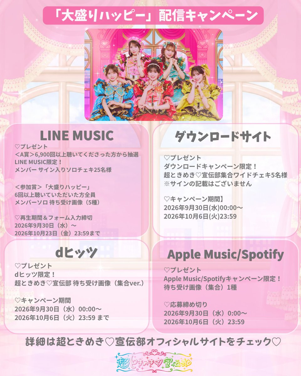 sendenbu_staff's tweet photo. ／
  「大盛りハッピー」配信キャンペーン開始🎵
＼

それぞれ異なる特典がゲットできるかも？！🧡
ぜひみなさんチェックしてください❣️

✅各キャンペーンの詳細はこちらから
https://t.co/UmwPRFSmUy

#超とき宣 #大盛りハッピー https://t.co/mWjX5zHXJV