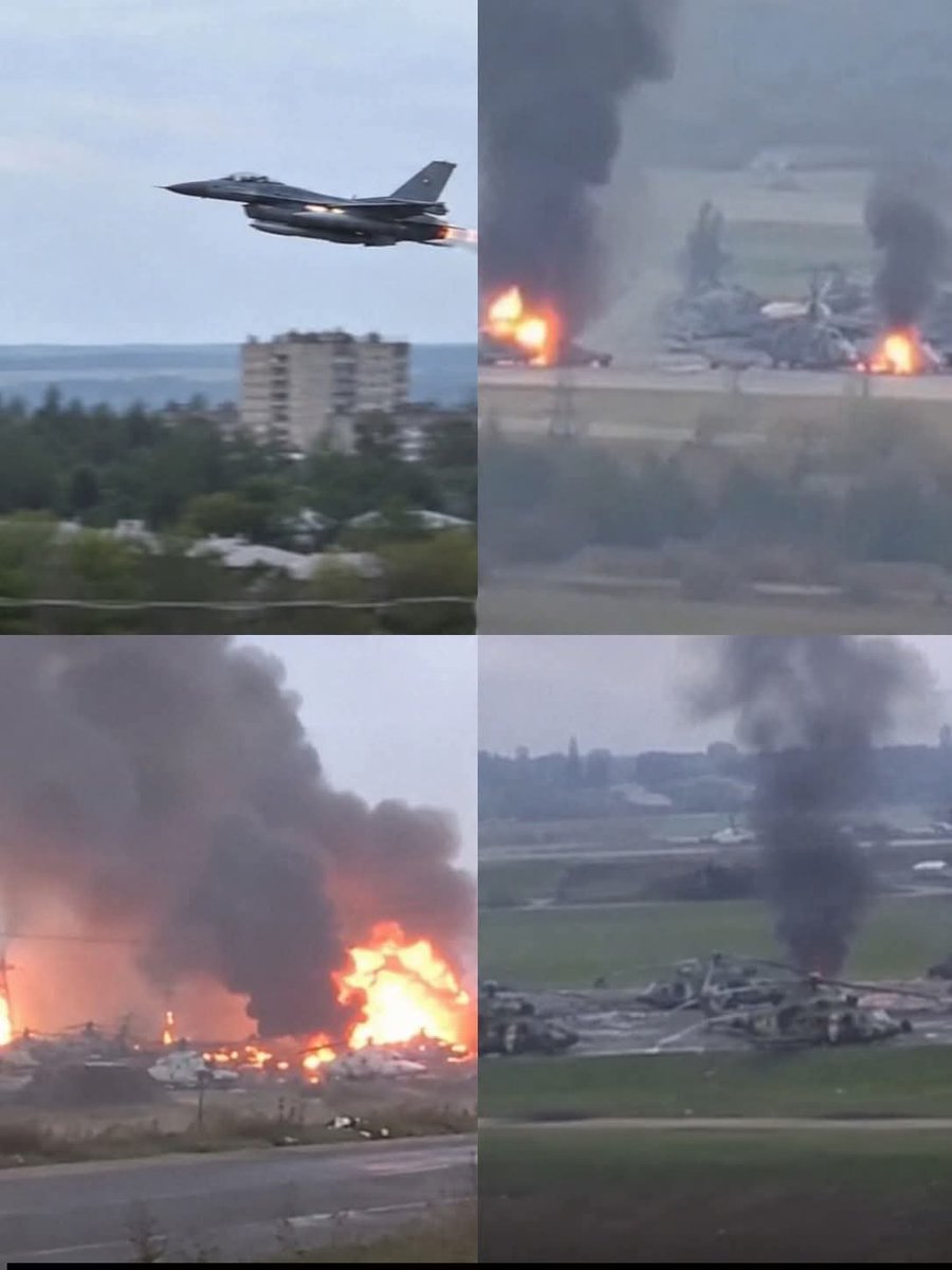 MykhailoRohoza's tweet photo. 🇺🇦🧐💪  F-16 DESTROYS 4 RUSSIAN HELICOPTERS IN LOW-LEVEL STRIKE ON TAGANROG BASE

Ukrainian F-16 fighter jets reportedly carried out a bold airstrike against a Russian helicopter base near Taganrog in Russia's Rostov region.

Flying at very low altitude to avoid radar detection, the aircraft allegedly struck helicopters parked on the airfield, destroying at least four, including Ka-52 attack helicopter models.

The base, which had reportedly been used to support assaults on Ukrainian positions, was left engulfed in flames, with multiple secondary explosions reported across the site.

If confirmed, the operation would mark the first deep manned strike inside Russian territory using Western-supplied fighter aircraft.

👇 Will Russia move more of its aviation assets farther from the front line after this raid?