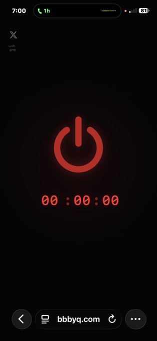 A dark digital timer app displays a red power symbol above "00:00:00" at bbbyq.com, showing what appears to be a countdown waiting to be started or reset—possibly referencing the defunct Bed Bath & Beyond (BBBY) ticker amid its bankruptcy proceedings.