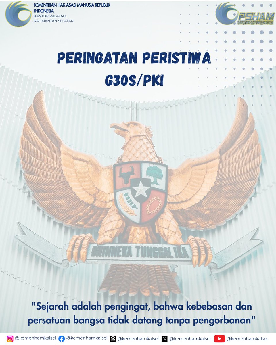 kemenhamkalsel's tweet photo. Halo Sobat HAM!!

Sejarah mengajarkan bahwa kebebasan dan persatuan lahir dari pengorbanan. Kini, semangat itu kita lanjutkan melalui P5HAM—menghormati, melindungi, memenuhi, menegakkan, dan memajukan HAM.

Jaga persatuan, hormati hak setiap orang. 

#KemenHAMKalsel #P5HAM https://t.co/Cvq5MsgW8r