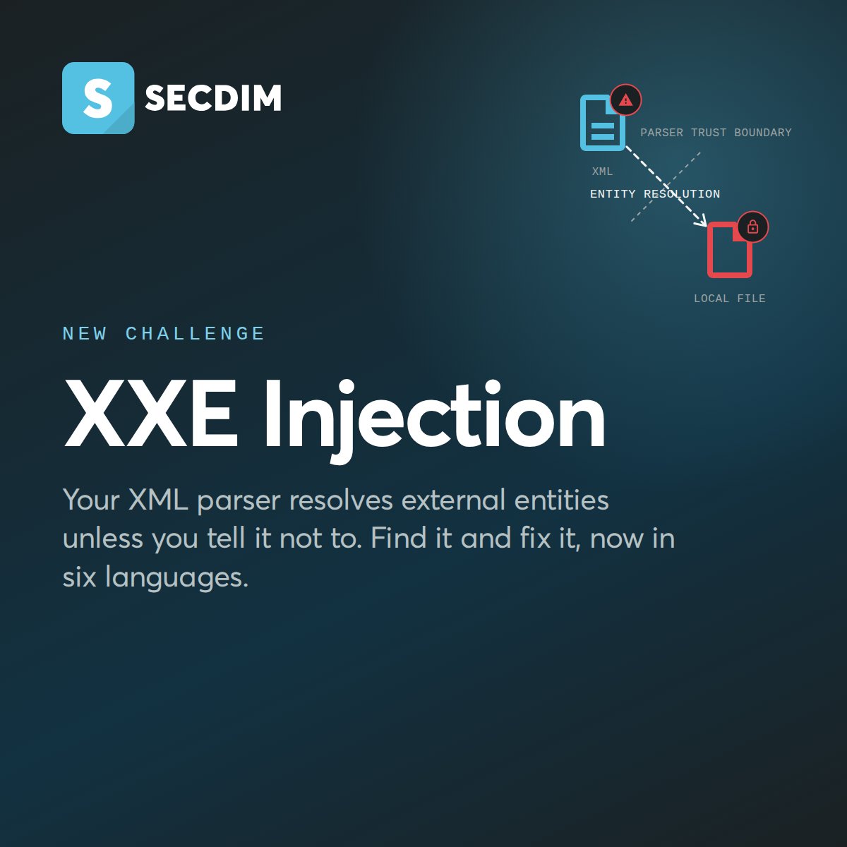 secdim's tweet photo. An XML parser that accepts external entities can turn untrusted XML into file access, SSRF or command execution. That was the vulnerability identified in http4k in December 2024.

Try the SecDim Play challenge, available in six languages. https://t.co/4ojv6JJWrf