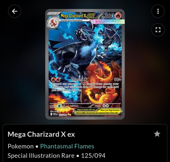 A digital trading card app displays a 'Mega Charizard X ex' card from the 'Phantasmal Flames' set, noted as a Special Illustration Rare 125/094.