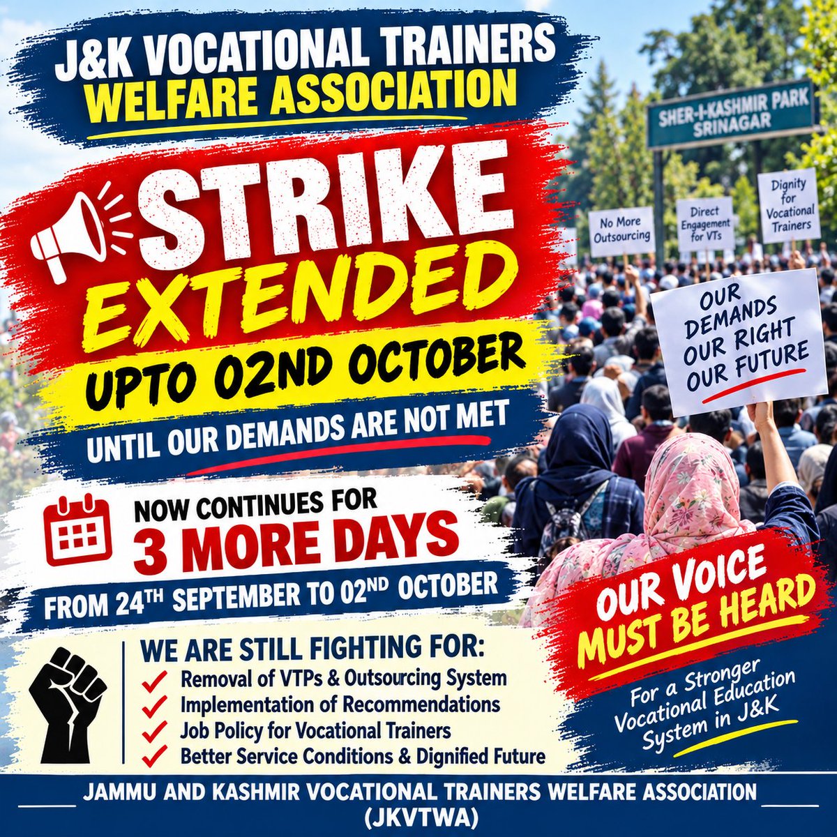 JKVTWA's tweet photo. We are not giving up. Our peaceful strike is extended till 2nd October. We stand united and determined until our genuine demands are met. @OmarAbdullah 
@CM_JnK 
@sakinaitoo 
@JKSamagra 
@JKNC_
 @DrVeeri 
@nasirsogami 
@diprjk 
@JKNC_ 
@Surinderch55
@JavedDar_NC
@JavedRanaa
@satishsharmajnk
@diprjk
@nasirsogami
@altaf_kaloo
@AdvReyazkhan
@HilalAkbarLone1
@FarooqShah_JKNC
@MubarakGul_
@AliMSagar_
@ajazjan 
@MushtaqGuroo
@mianmeherali
@MubarakGul_ 
@ahsanpardesi
@ChjavedIqbal_
@PeerzadaFaroz
@masoodi_hasnain
@SaraHayatShah
@salmanalisagar 
@IfraJan_ 
@ImranNDar 
@safiakhan71 
@YNCJK 
@AdvNeelofar 
@ahsanpardesi 
@ajazjan 
@LoneNasir_ 
@Drsheikhamina 
@abidwani_ 
@MianAltafAhmad 
@MubarakGul_ 
@FarooqShah_JKNC 
@ChowdryRamzan
#JUSTICEFORVOCATIONALTRAINERS
#REMOVALOFPRIVATECOMPANIES