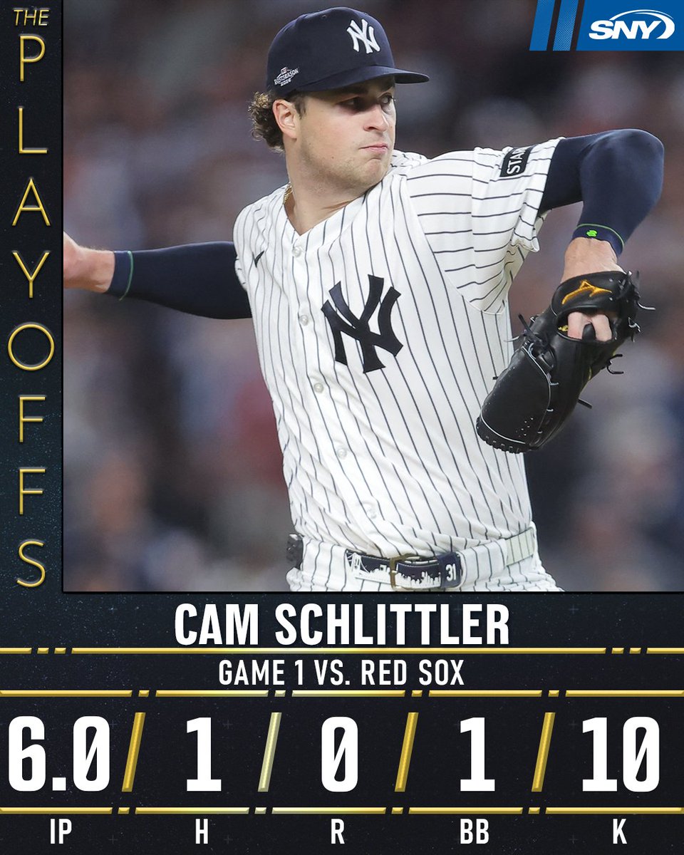 snyyankees's tweet photo. 6 innings of one-hit, no-run ball with 10 Ks for Cam Schlittler in Game 1 🔥 https://t.co/0d2TRsdCKv