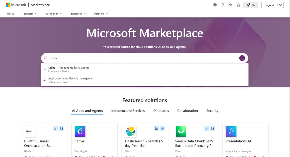superwince04's tweet photo. Microsoft catalog. CoinGecko page. Same runtime.

Rokha AI is an ISV in the Microsoft AI Cloud Partner Program. The listing is live: Rokha  the runtime for AI agents on Microsoft Marketplace. SaaS. Starts free. Teams that already buy through Microsoft can find the kitchen where they already shop.

That’s three official partner programs now: Intel Partner Alliance, IBM Partner Plus, Microsoft AI Cloud Partner. Earned. Not bought.

1. @Intel - https://t.co/9IOhha1p4o
2. @IBM - IBM  Partner Plus membership (Registered ISV). Directory listing and downloadable partner mark unlock at the next tier. Membership is claimed as accepted Partner Plus / Registered ISV. https://t.co/CyulcM8EUr
3. @Microsoft - https://t.co/h3KnQSXebD
4. Next @NVIDIA 

Same week: solana:2jbdBWTK2MYpuRsmEDJqETU3UMM2nN3WGtete4HUpump is on CoinGecko.
https://t.co/rkaXNV8Ylg

solana:2jbdBWTK2MYpuRsmEDJqETU3UMM2nN3WGtete4HUpump 
CA: 2jbdBWTK2MYpuRsmEDJqETU3UMM2nN3WGtete4HUpump