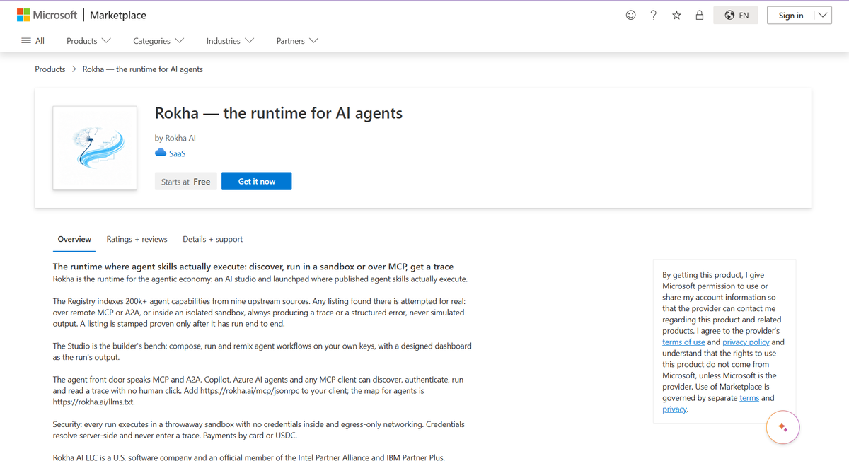 superwince04's tweet photo. Microsoft catalog. CoinGecko page. Same runtime.

Rokha AI is an ISV in the Microsoft AI Cloud Partner Program. The listing is live: Rokha  the runtime for AI agents on Microsoft Marketplace. SaaS. Starts free. Teams that already buy through Microsoft can find the kitchen where they already shop.

That’s three official partner programs now: Intel Partner Alliance, IBM Partner Plus, Microsoft AI Cloud Partner. Earned. Not bought.

1. @Intel - https://t.co/9IOhha1p4o
2. @IBM - IBM  Partner Plus membership (Registered ISV). Directory listing and downloadable partner mark unlock at the next tier. Membership is claimed as accepted Partner Plus / Registered ISV. https://t.co/CyulcM8EUr
3. @Microsoft - https://t.co/h3KnQSXebD
4. Next @NVIDIA 

Same week: solana:2jbdBWTK2MYpuRsmEDJqETU3UMM2nN3WGtete4HUpump is on CoinGecko.
https://t.co/rkaXNV8Ylg

solana:2jbdBWTK2MYpuRsmEDJqETU3UMM2nN3WGtete4HUpump 
CA: 2jbdBWTK2MYpuRsmEDJqETU3UMM2nN3WGtete4HUpump