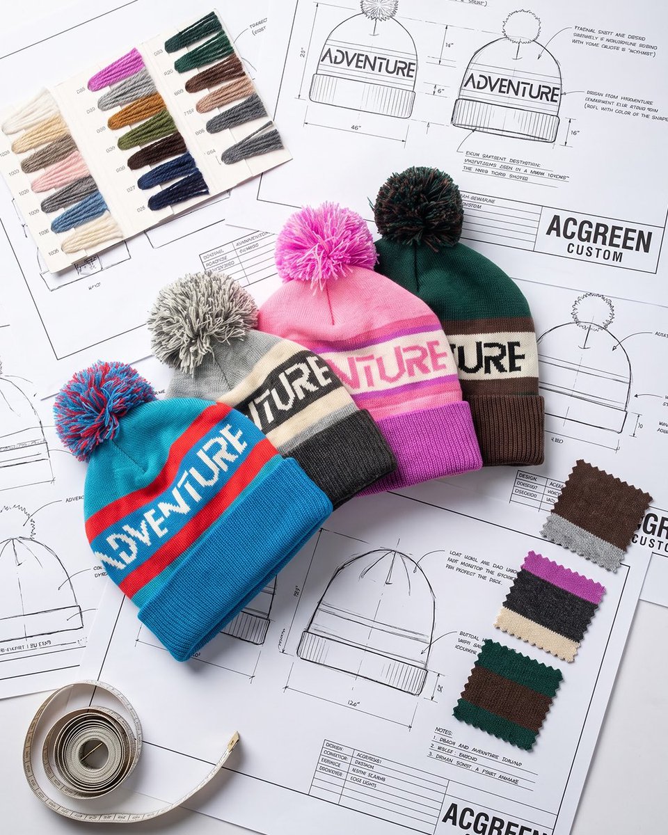 acgreencustom's tweet photo. From tech pack blueprint to high-altitude lifestyle wear! 🏔️❄️ See how we transform custom design sketches into finished pom-pom beanies with full quality checks. Evidence-backed eco yarns only - no hype! ♻️✨ #CustomBeanies #ApparelDesign #WinterWear #CustomHat #acgreencustom https://t.co/FpHeSQseTu