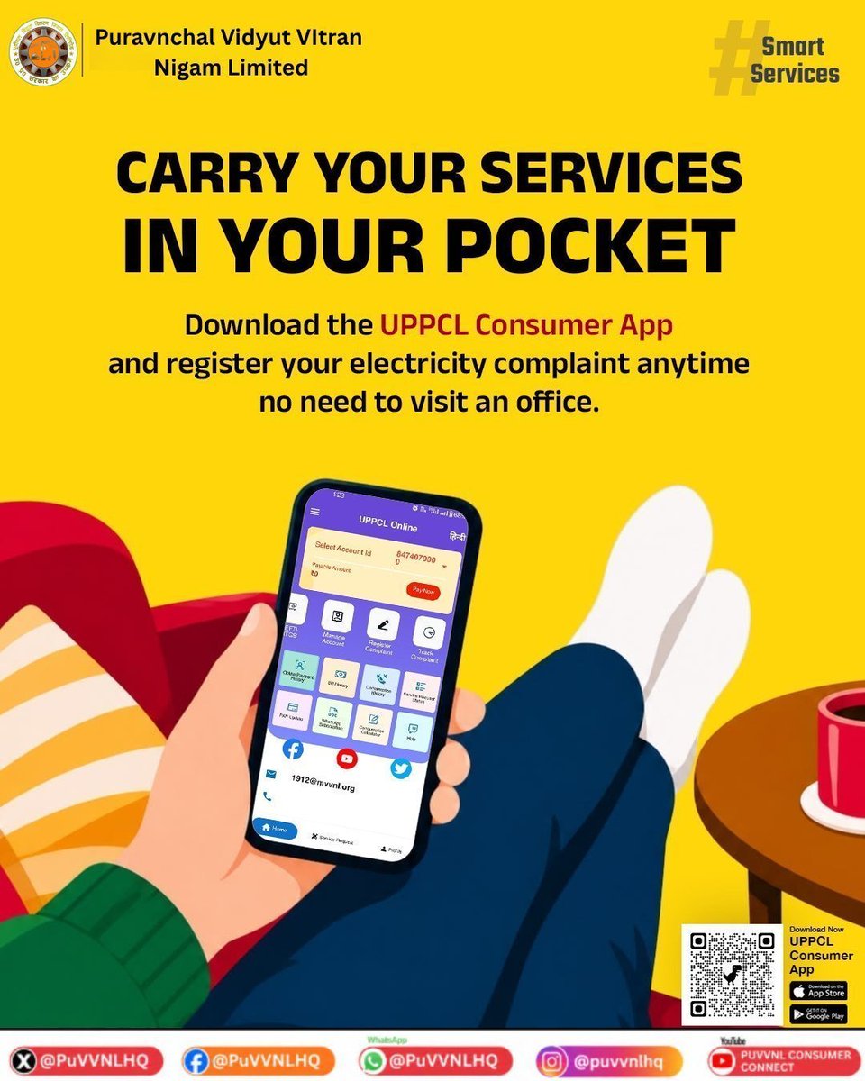 puvvnlvaranasi's tweet photo. #Varanasi #ConsumerApp 
#SmartServices #DigitalUPPCL
Got an electricity-related complaint ?  
You can register it easily through the UPPCL Consumer App from wherever you are. No office visits, no waiting in line essential consumer services are right at your fingertips.  
For any electricity related issues or assistance, contact the📲1912 helpline number or your nearest electricity office.    
You can also visite our official website- https://t.co/OSM2bFlVhp
@UPPCLLKO @PuVVNLHQ @aksharmaBharat @EMofficeUP @AKSharmaOffice @ChairmanUppcl @mduppcl