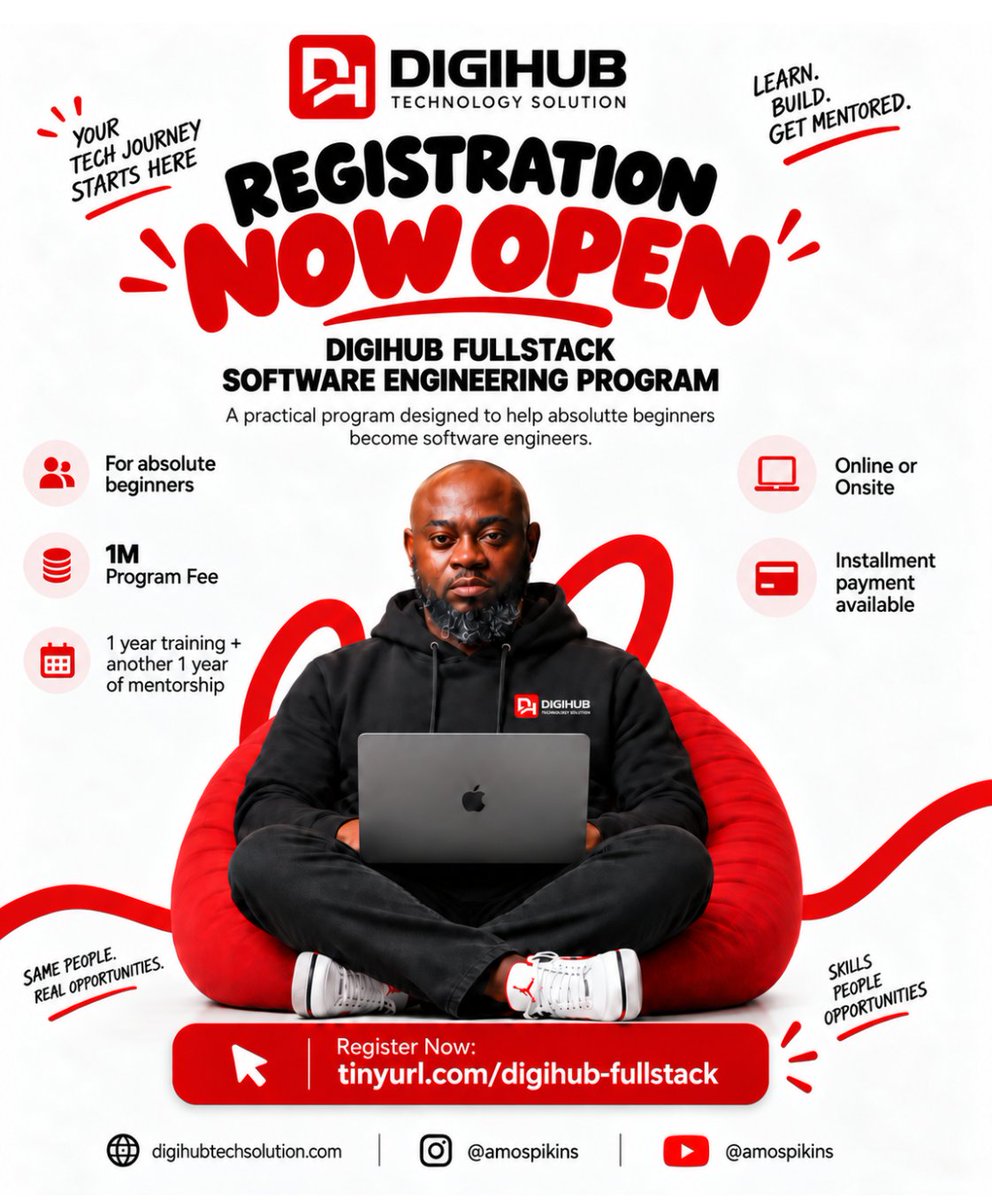 Amospikins's tweet photo. Digihub Fullstack Software Engineering Program registration is OPEN! 

For absolute beginners: 1 year of training + 1 year of mentorship.

Online or onsite. ₦1m. 
Installments available.
https://t.co/rVtdN0ThCA https://t.co/90hZsOkkkV