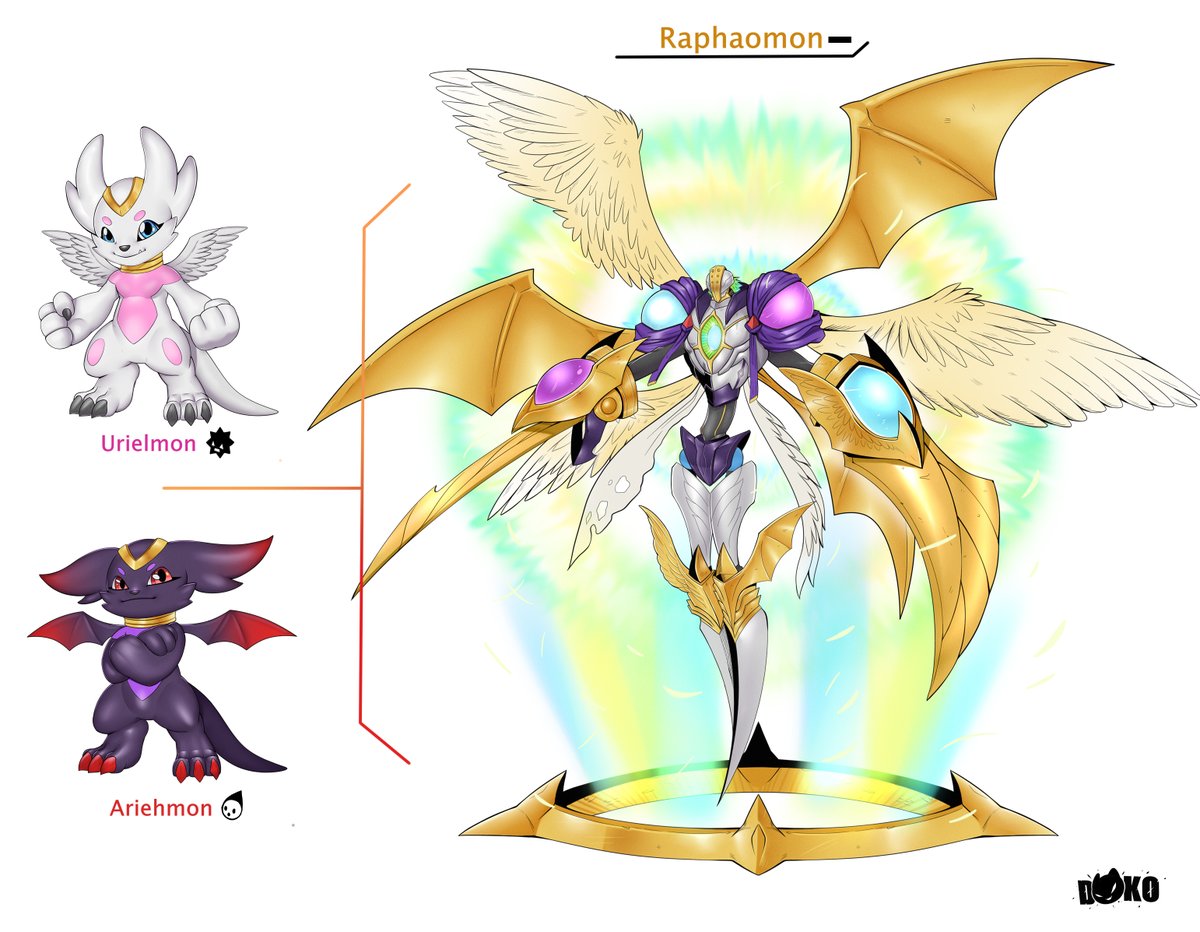 JSaintgnue's tweet photo. I'm still thinking about its evolutionary lines leading up to Raphaomon (DNA); in the meantime—ADMIRE!

#digimon #デジモン https://t.co/eDqgdelEA1