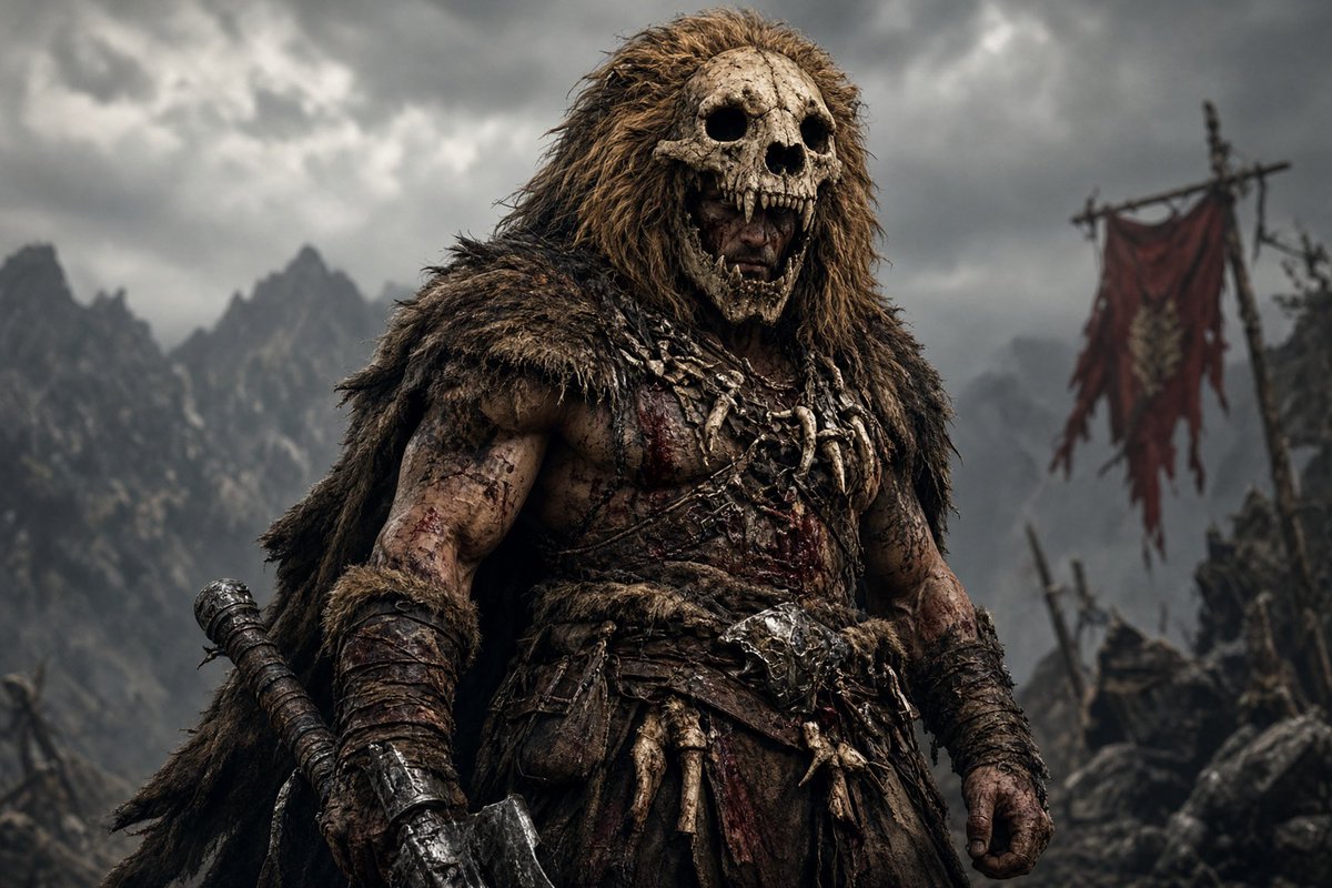 ThePaleImitator's tweet photo. A warrior wears the crown of a dead king

#AIart #digitalart #skull #barbarian #war #tribal https://t.co/Z2U8L38HZy