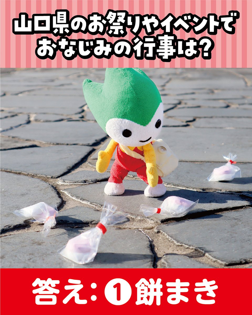 choruru_318's tweet photo. 昨日のちょるるんクイズの答えを発表するよ⭐️
山口県のお祭りやイベントでおなじみの行事は…①餅まきでした✨

山口県ではお祭りやイベントの時によく餅まきをするよ💖
大人も子どもも、餅を入れる袋を持って本気で楽しむんだ‼️
お餅じゃなくてお菓子をまく時もあるよ♪

やまぐちのみんなは、餅まきに参加する時のコツってある❓
コメントで教えてね📝