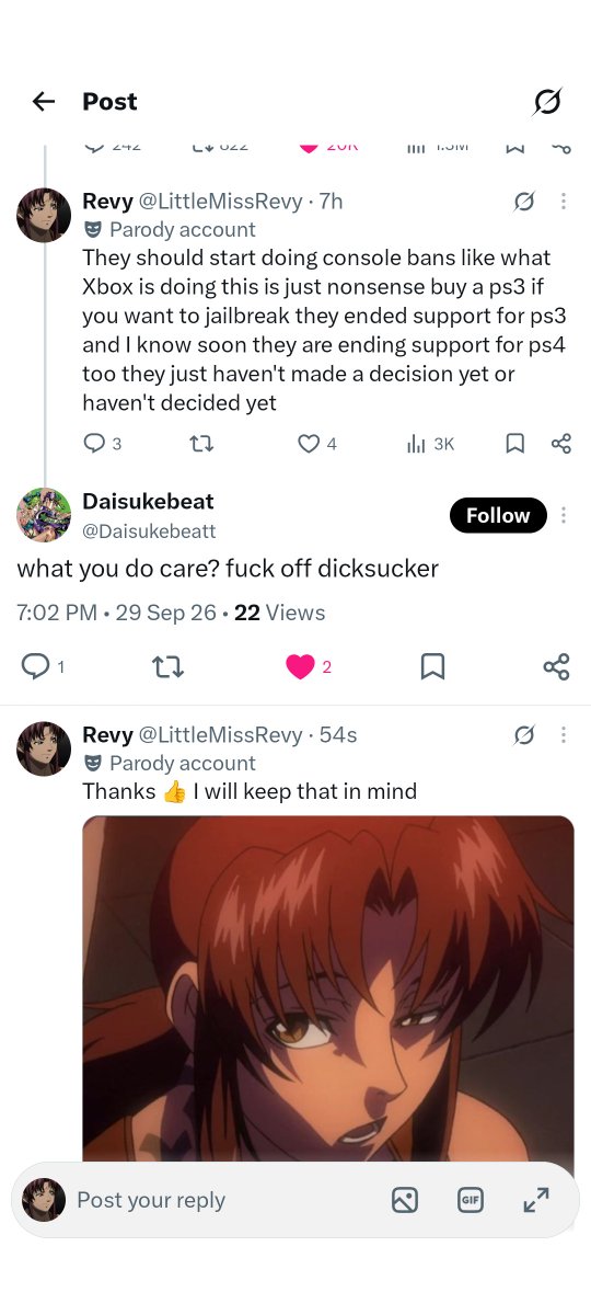 LittleMissRevy's tweet photo. So it seems I'm a dicksucker now hey atleast I'm not the one jailbreaking my ps5 and getting caught by Sony people will get caught just wait and see so go shove a pull up your ass bitch https://t.co/rS12uHh320