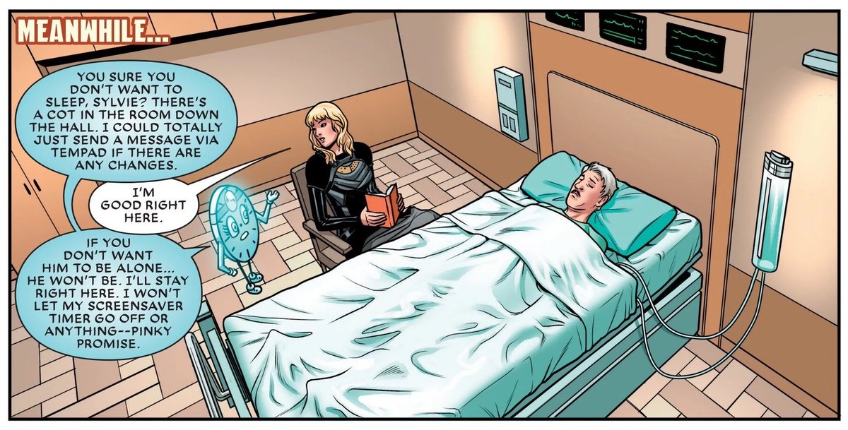 krasnyel's tweet photo. sylvie staying with mobius while he recovers from the attack so that he won’t be alone when he wakes up is so sweet like awwww she really does care about that old man https://t.co/boT19WAVPR