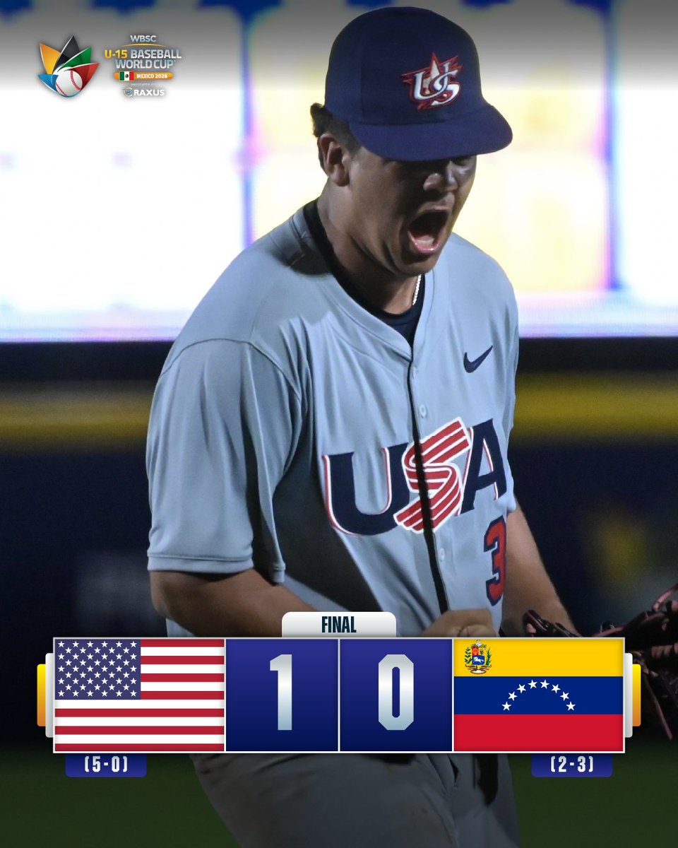 WBSC's tweet photo. 🇺🇸 USA close the Opening Round unbeaten after defeating Venezuela
WBSC U-15 Baseball World Cup presented by RAXUS
#BaseballWorldCupU15 https://t.co/wB8qPKm2lJ