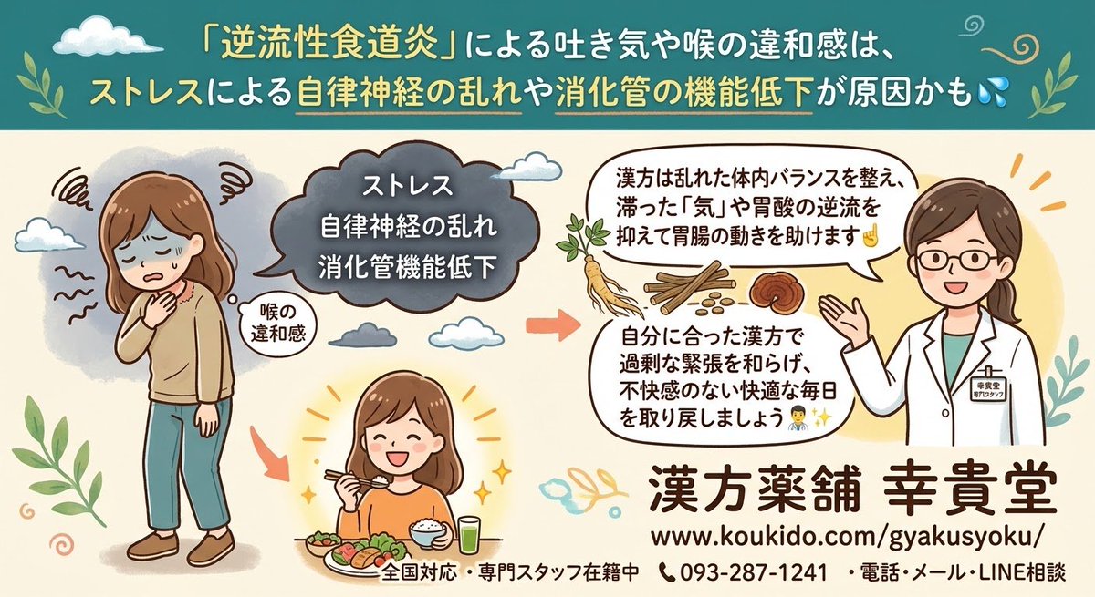koukido12345's tweet photo. 逆流性食道炎による吐き気や喉の違和感は、ストレスによる自律神経の乱れや消化管の機能低下が原因かも💦

漢方は乱れた体内バランスを整え、滞った「気」や胃酸の逆流を抑えて胃腸の動きを助けます☝️

自分に合った漢方で過剰な緊張を和らげ、不快感のない快適な毎日を取り戻しましょう👨‍⚕️✨️ https://t.co/v48MEzLcnx