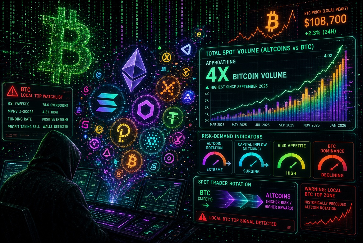 CryptoSabri's tweet photo. 🚀 ¿Llega la ALTSEASON? Los traders spot están en altcoins.

🔸️Según datos onchain de Glassnode, el volumen total de spot en altcoins es 4 veces el de Bitcoin, el nivel más alto desde septiembre 2025.

🔹️La demanda de mayor riesgo suele coincidir con máximos locales de $BTC https://t.co/t9sopLge0Q