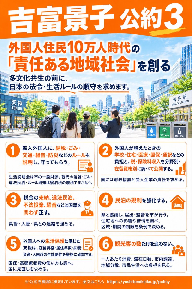 hotahotasa45083's tweet photo. 福岡市長選挙
吉富景子 (よしとみ景子) の公約3 

今いる外国人、転入外国人をどうするか？
ここから逆算していますね

市長に入国枠は切れません
減らせないならルールを先に置く。まずは秩序

市長にできる線として、これが一番きれい
素晴らしい公約です

#選挙にいこう https://t.co/zOMywkBKnH