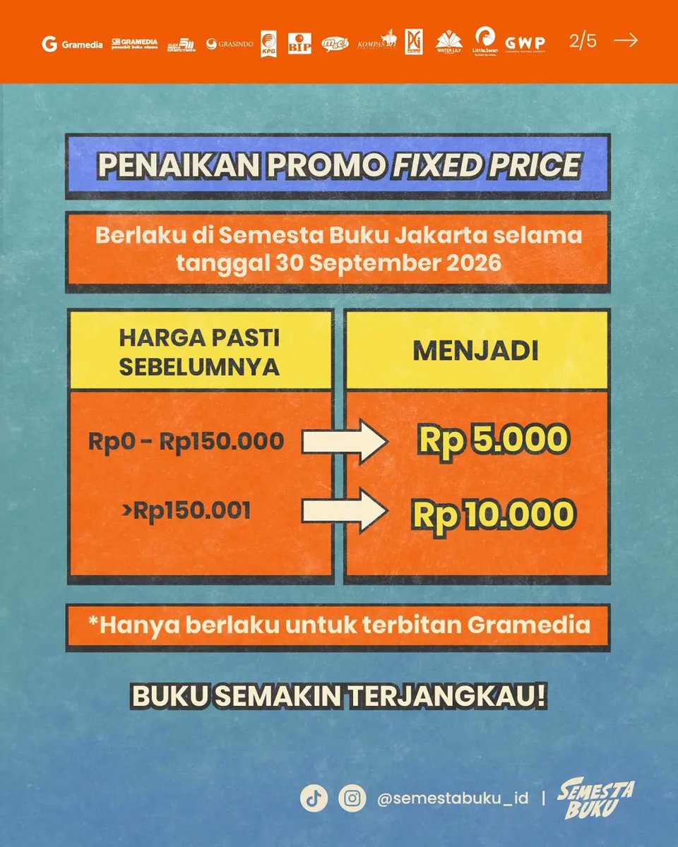 gramedia's tweet photo. HARI INI DI SEMESTA BUKU, SIAP-SIAP KALAP! 👀🔥

Ada FLASH SALE dengan fixed price cuma Rp5.000 & Rp10.000 aja! 📚✨

Yes, kamu gak salah baca. Waktunya berburu buku favorit dengan harga yang super hemat! Jangan sampai datang kesiangan, karena wishlist-mu bisa aja keburu diborong! 😆