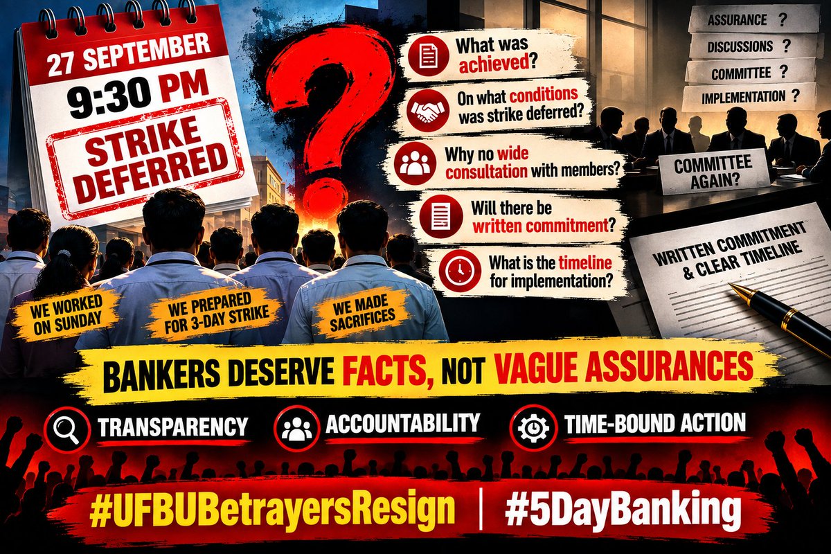 ramshankarsingh's tweet photo. Bankers ने संघर्ष की तैयारी की, Sunday को काम किया और sacrifice के लिए तैयार रहे। फिर आखिरी रात strike defer हुई। Leadership बताए—क्या concrete achievement मिली या सिर्फ एक और committee बनी? #UFBUBetrayersResign #5DaysBanking @ChVenkatachalam @UFBUIndia @UFBUPUNE @AIBEAofficial https://t.co/zMAfPNSaYP