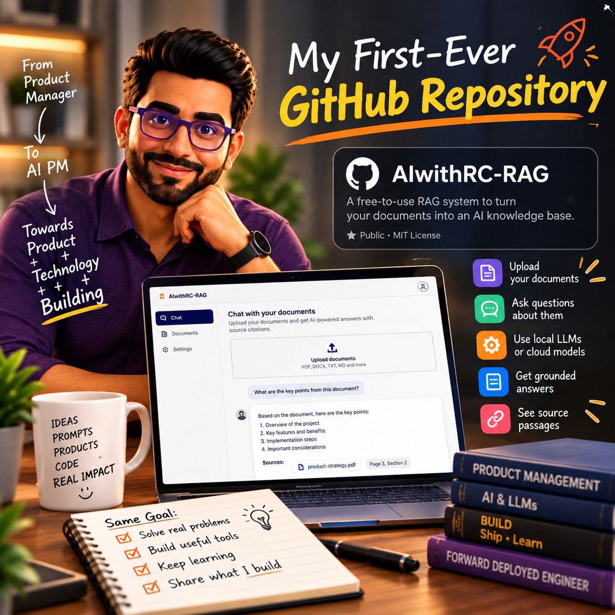 aiwithrc's tweet photo. My first-ever GitHub repo is live! 🚀

I built AIwithRC-RAG — a free RAG system for uploading docs, asking questions, using local/cloud LLMs, and getting grounded answers with citations.

A small step from PM → technical builder → FDE mindset.

#AI #RAG #FDE https://t.co/wrSnr5Vtfw