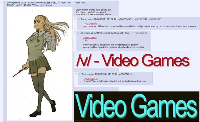 The image features a blonde female anime character in a school uniform holding a wand, alongside 4chan posts joking about Draco Malfoy and other Harry Potter characters being transgender, under a title labeled "IV - Video Games."