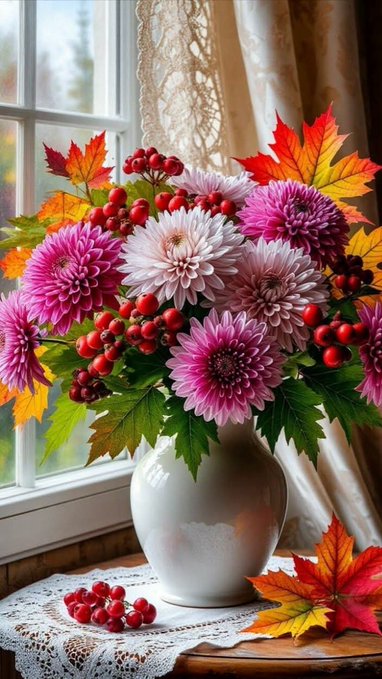 A white ceramic vase on a lace doily holds a vibrant autumn arrangement of pink and purple chrysanthemums, red berries, and colorful maple leaves, set against a window with sheer curtains.