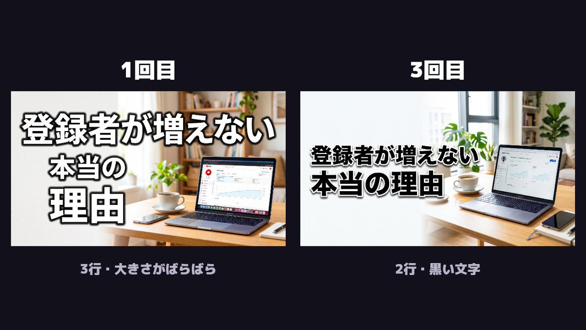 samunerujp's tweet photo. 同じ指示・同じ文言で、画像生成AIに見出し入りのサムネを5回描かせた。

誤字はゼロ。でも2行が2回、3行が3回。色も大きさも置き場所も、毎回違った。

サムネはチャンネルのページで何枚も並ぶ。1枚ずつ違うと、並べたときにそろわない。
https://t.co/kSpvxXlERN https://t.co/ZsCsaDGt8E