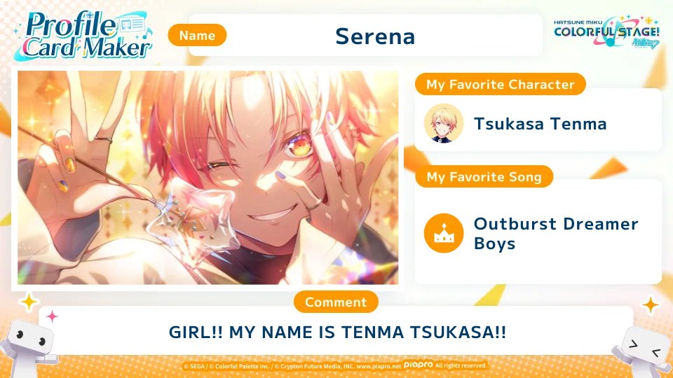 TakamiSerena125's tweet photo. Looks coooooool!!!
Check out the #COLORFULSTAGE profile card I made for the World Link Campaign🌎
Let's bring together COLORFUL STAGE! fans from around the world!
https://t.co/p4DhjOHQZ0
#SEKAIanniversary https://t.co/Tw2O9YbpUx