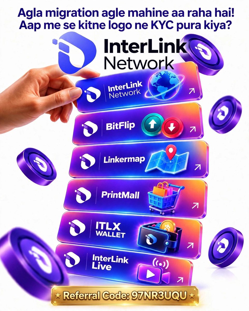 Vishwajeet96770's tweet photo. ๐ Agla InterLink Migration agle mahine aa raha hai!
Kya aapne apna KYC pura kar liya hai? ๐
Apna screenshot share karo aur dikhao kitne Linkers ready hain!
Use my Referral Code: 97NR3UQU for extra rewards!
#Interlink #ITLG #ITLX #Crypto #KYC #BitFlip #Linkermap https://t.co/FW3uAC2Hi7