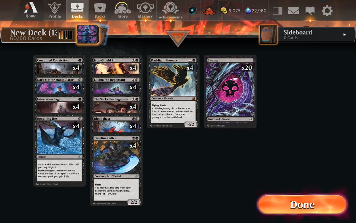 MewoMewoTCG's tweet photo. I normally dont play aggro decks but mono black Darklight Phoenix is fun. I posted a list just now but had issues with getting reliable sacrifice targets and mana curve issues so I deleted it. This list seems to be working well so far. 🤔

#mtg https://t.co/Wyd3Wme9v5