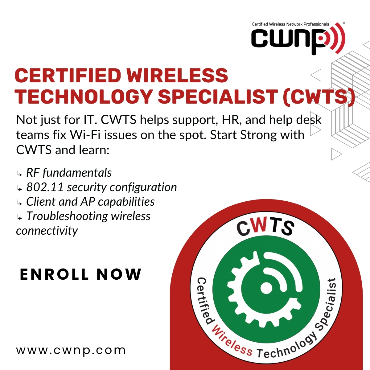 CWNP's tweet photo. New to Wireless Networking? Start Strong with CWTS

The Certified Wireless Technology Specialist certification is your gateway into the world of WLANs. Whether you're starting an IT career or just want to understand Wi-Fi well enough to troubleshoot the basics, CWTS gives you the skills to configure, connect, and fix common issues with confidence.

It's not just for future network engineers. Customer service and support teams handle Wi-Fi complaints every day like, "it won't connect," "it's slow," "it keeps dropping." Most of those are simple fixes once you understand what's actually happening. Onboarding for HR or IT support teams  benefit the same way: fewer escalated tickets, faster answers, less time waiting on a specialist for something basic.

It's vendor-neutral too, so the skills apply whether your clients run Cisco, Aruba, Ubiquiti, or any other vendor 

Explore the CWTS-102 objectives: https://t.co/0ZsMFlraBO 

Training a support, HR, or help desk team? Group pricing is available.
📩 jcantanhede@cwnp.com
📞 (984) 227-8564 Ext 1020