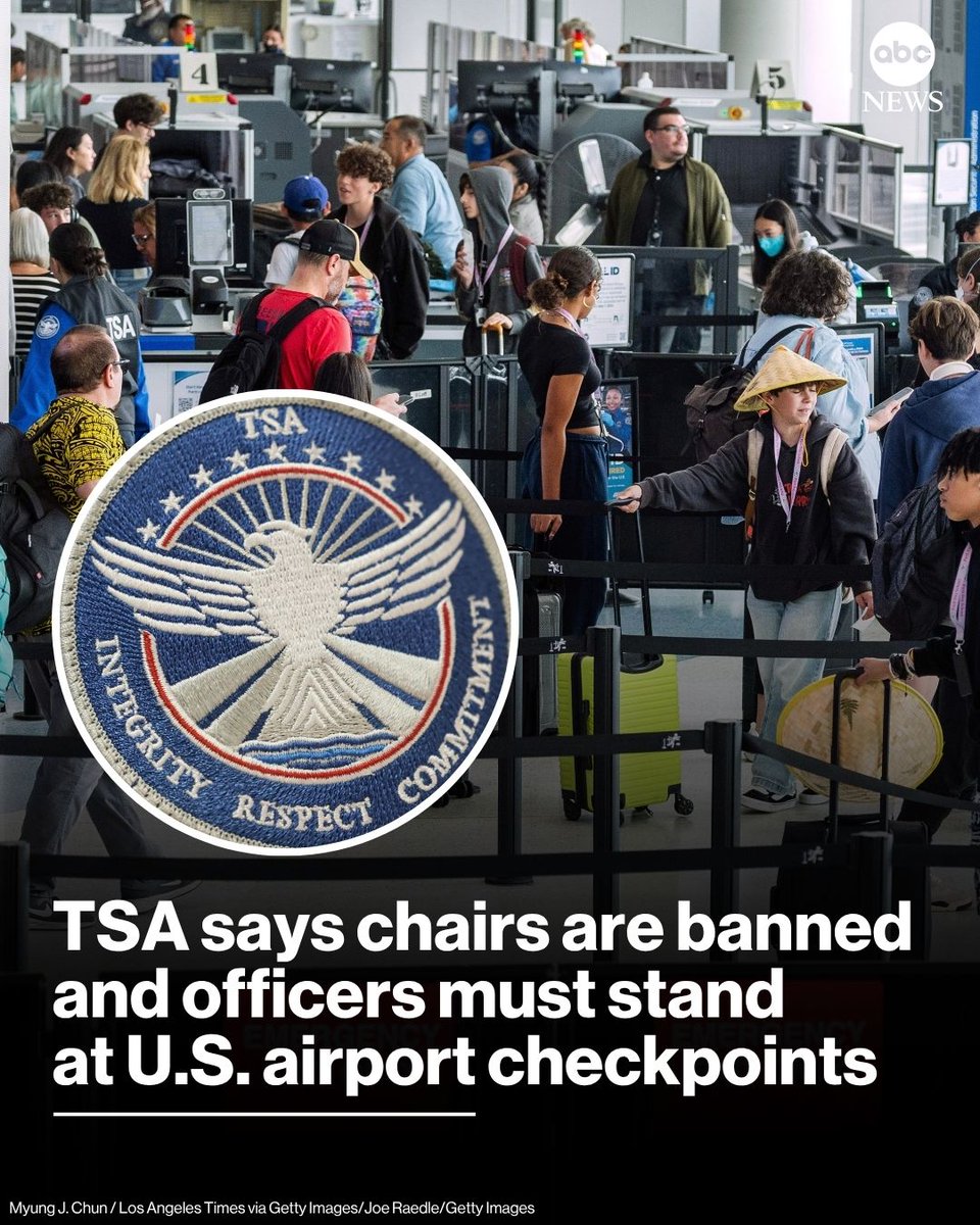 ABC's tweet photo. The Transportation Security Administration says it's taking away chairs at airport checkpoints nationwide and that TSA officers who check passengers' IDs must stand, saying the move is designed to help officers remain alert. https://t.co/MBZTI9MNtn https://t.co/uPDYBA0sjA